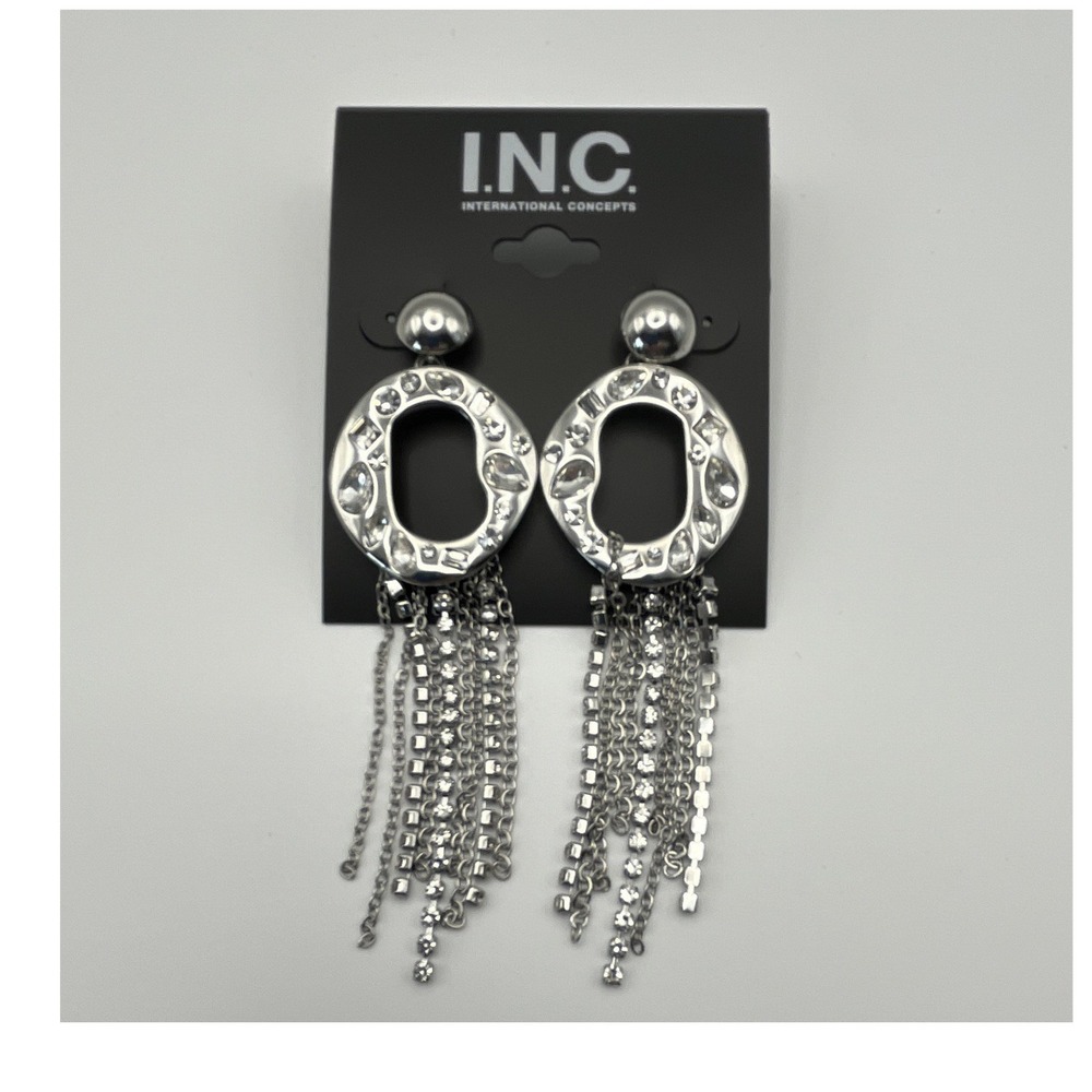 INC International Concepts Silver-Tone Crystal Pavé Oval Tassel Drop Earrings